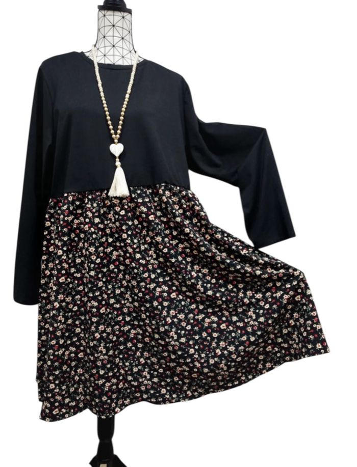 🌷 Robe chic patchwork floral noire grande taille T48 – automne/hiver🌷