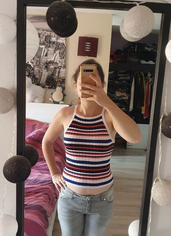 Débardeur court croc top rayé bleu blanc rouge H&M S