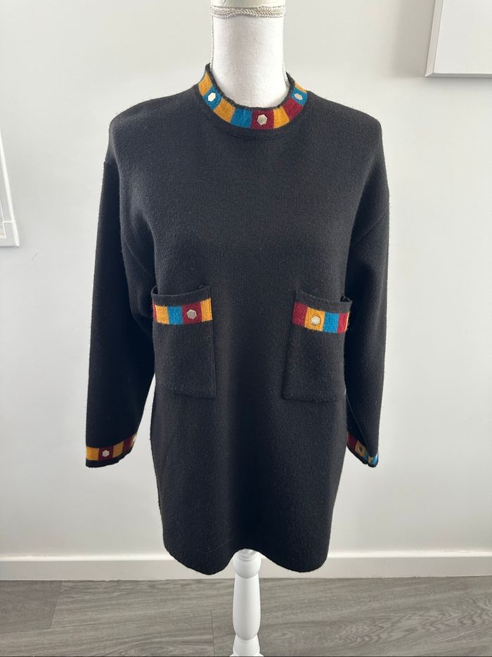 Pull long en laine noir et multicolore Vintage T40 L