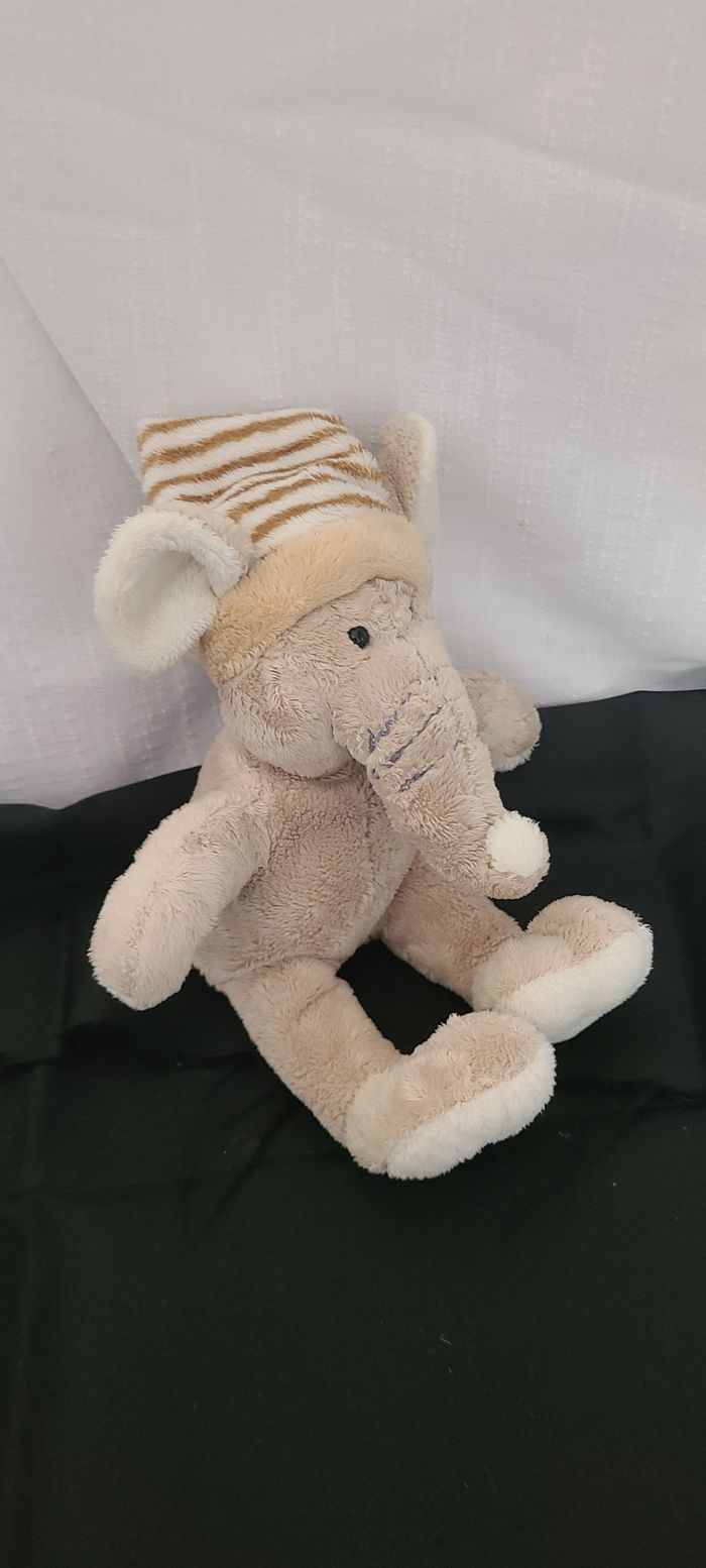 Doudou Eléphant Elephant Planet Pluch Jemini marron écru beige bonnet rayé - photo numéro 5