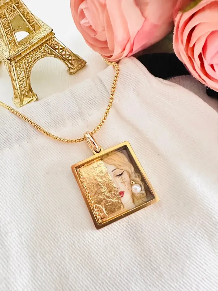 🥲Collier artisanal unique avec perle d’eau douce naturelle – inspiré de Gustav Klimt - photo numéro 2