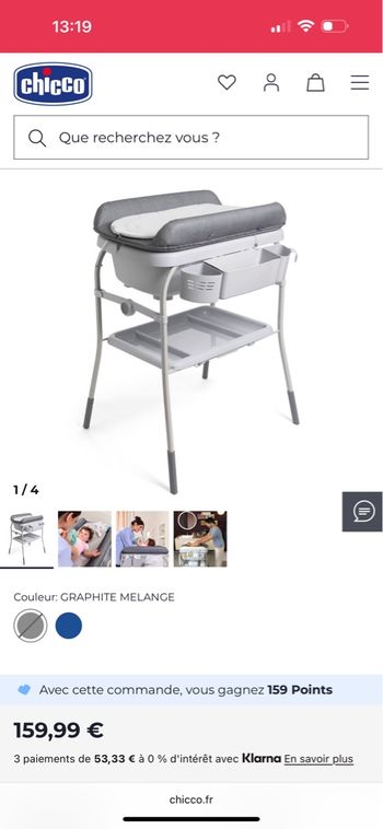 Table à langer + baignoire Chicco – Neuve, grise