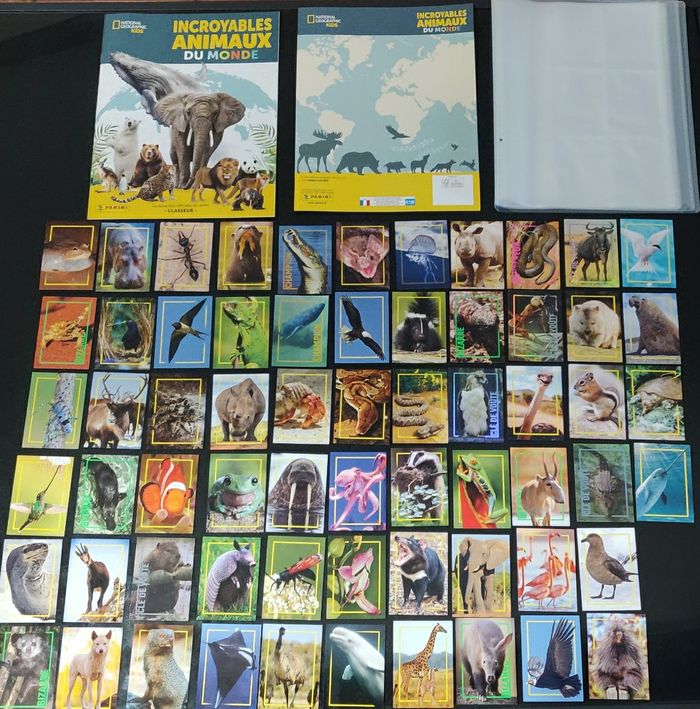 Lot classeur / album incroyables animaux + 64 cartes