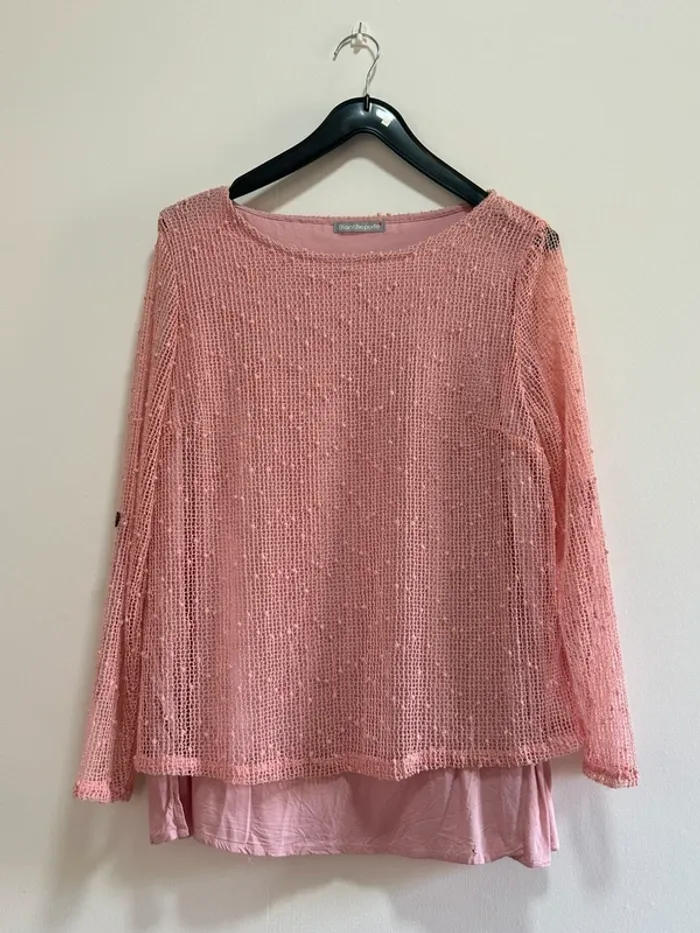 Pull maille crochet plumetis rose - photo numéro 2