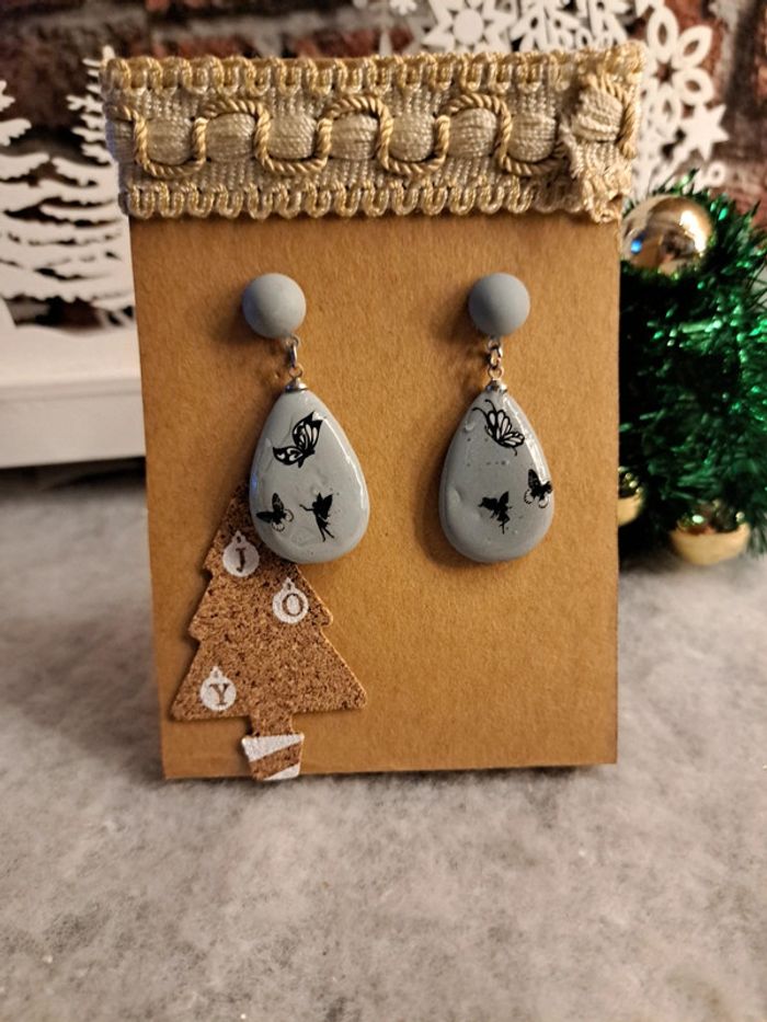 Boucles d'oreilles pendante grise et noir - photo numéro 2