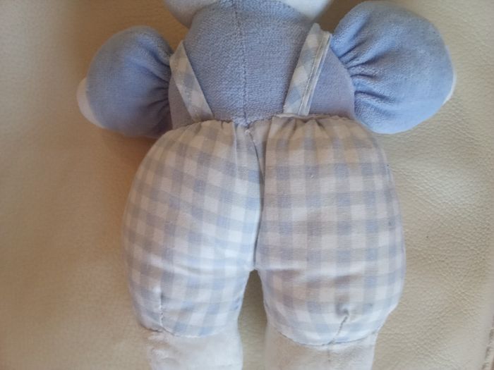 Doudou lapin blanc bleu vintage d'occasion 32cm  vichy carreaux yeux noirs durs plastique Natalys Nounours - photo numéro 2