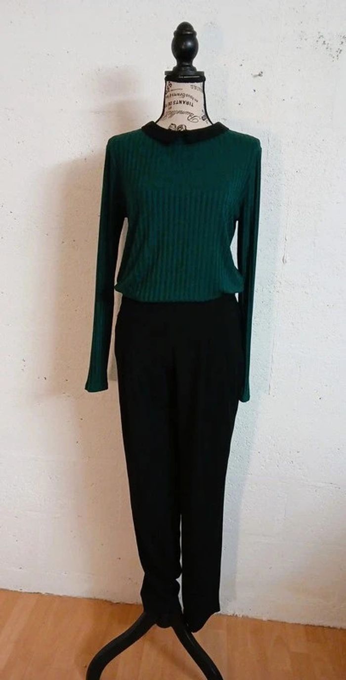 đ Haut fluide vert foncĂ© col noir â Kiabi â Taille 40/42 â TrĂšs bon Ă©tat - photo numĂ©ro 3