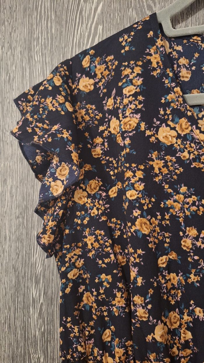 Robe col v trapèze imprimé fleuri beige et rose - photo numéro 3