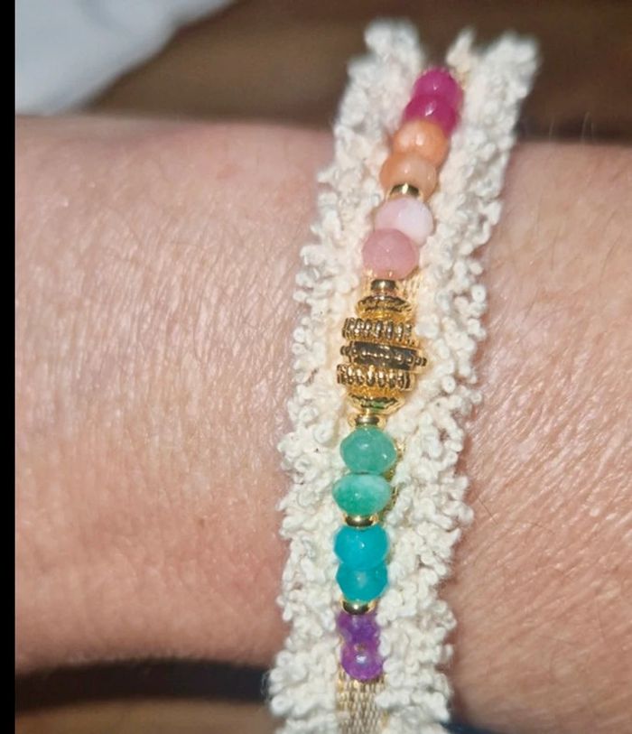 Bracelet manchette habaha Paris lin fils tissés grigri acier inoxydable perles naturelles réglable