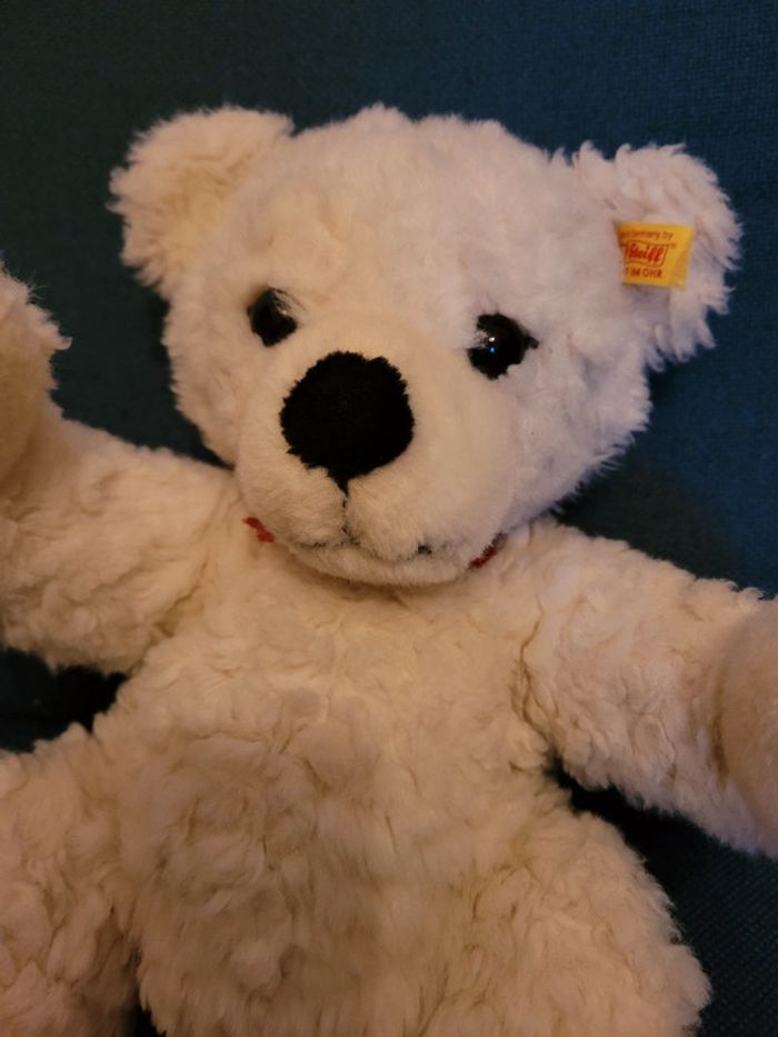 Grand Ours peluche Steiff 35cm gros doudou Chiné blanc noeud rouge traditionnel collection - photo numéro 3