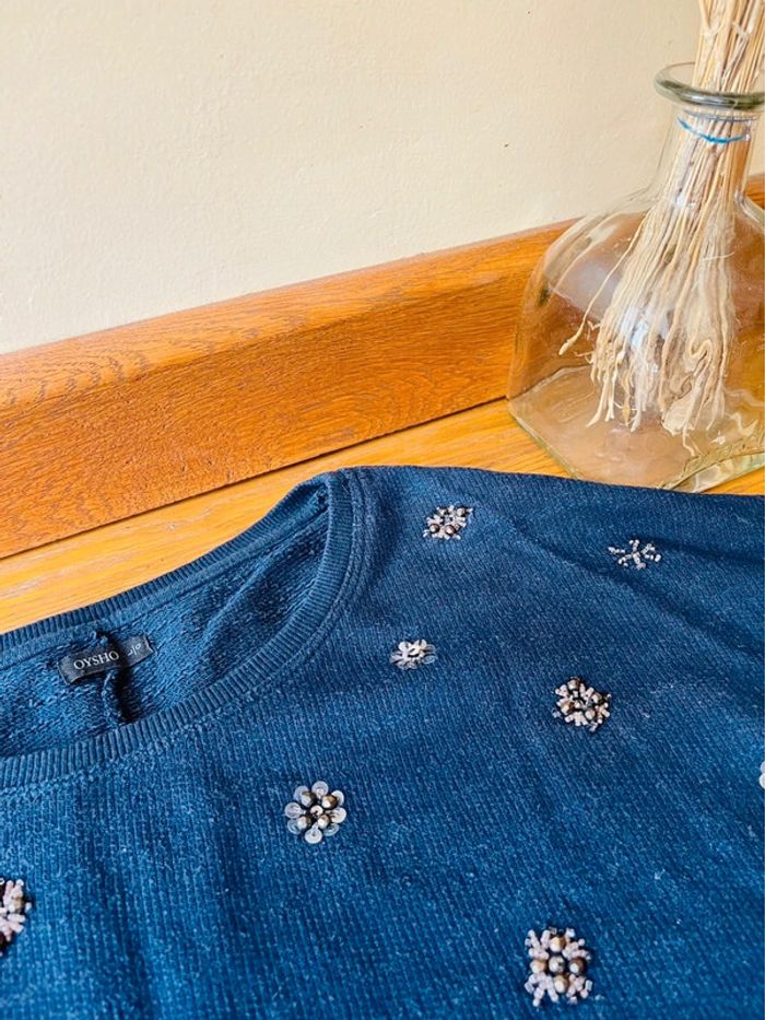 Sublime pull bleu marine oysho à perles brodé en coton taille L - photo numéro 6