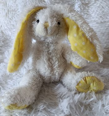 Doudou peluche lapin blanc ,jaune à pois -KSD