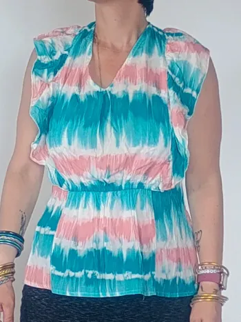 Top volanté  style tie-dye rose et turquoise - Neuf avec étiquette T42