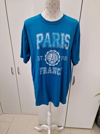 T-Shirt Bleu Imprime Blanc Délavé Paris