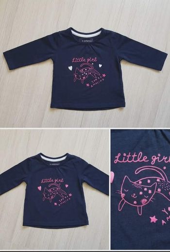 T-shirt Manches Longues Bleu Marine "Little Girl" & Chat - In Extenso - 6 mois