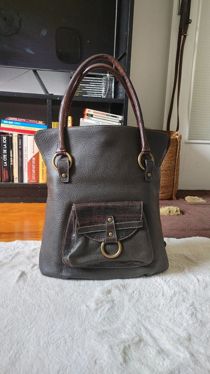 Sac à main en cuir grainé épais excellente qualité marron - photo numéro 2