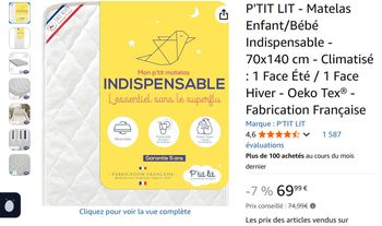 P'TIT LIT - Matelas Enfant/Bébé - 70x140 cm - Climatisé - neuf sous blister