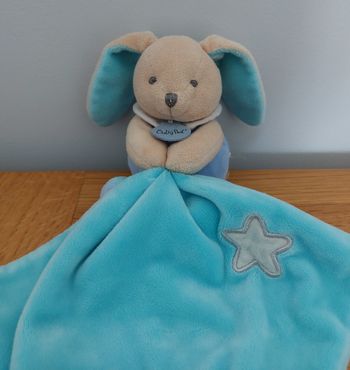 Doudou peluche lapin bleu et beige étoile lune - Baby Nat