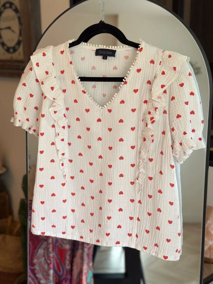 Blouse blanche imprimé cœurs rouges gaze de coton – Graciela – Taille S
