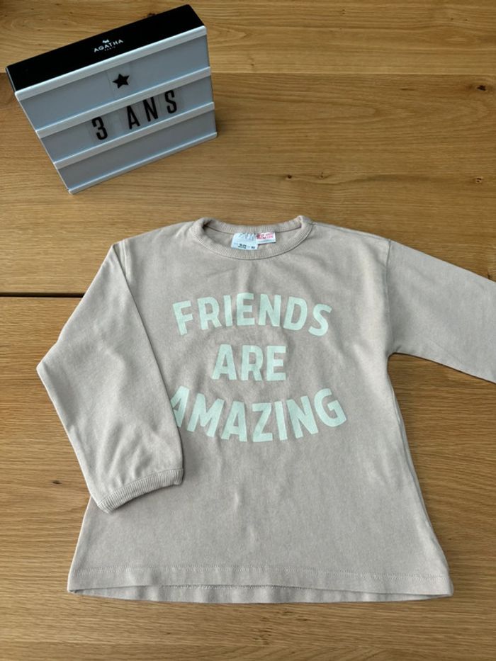 Teeshirt ML rose pâle coton épais, inscription friends are amazing - Taille 3 Ans