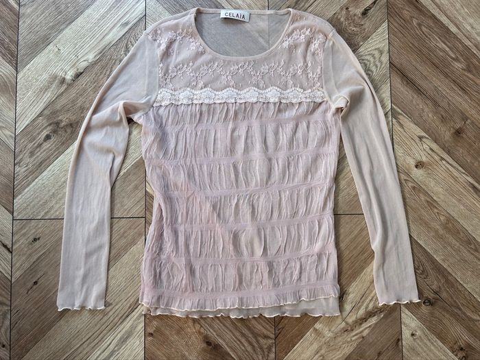 Top / Sous-Pull Transparent Celaia - Dentelle et Tulle Froncé - Rose Poudré