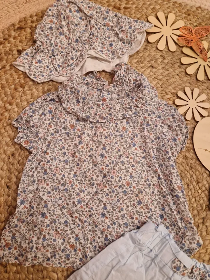Ensemble blouse, short et bob fleurie bleu kiabi bébé fille 18mois - photo numéro 3
