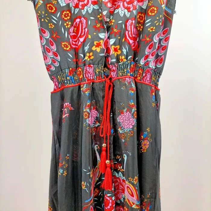 Robe longue bohème grise à fleurs multicolores taille S style ethnique été fluide A1334 - photo numéro 4