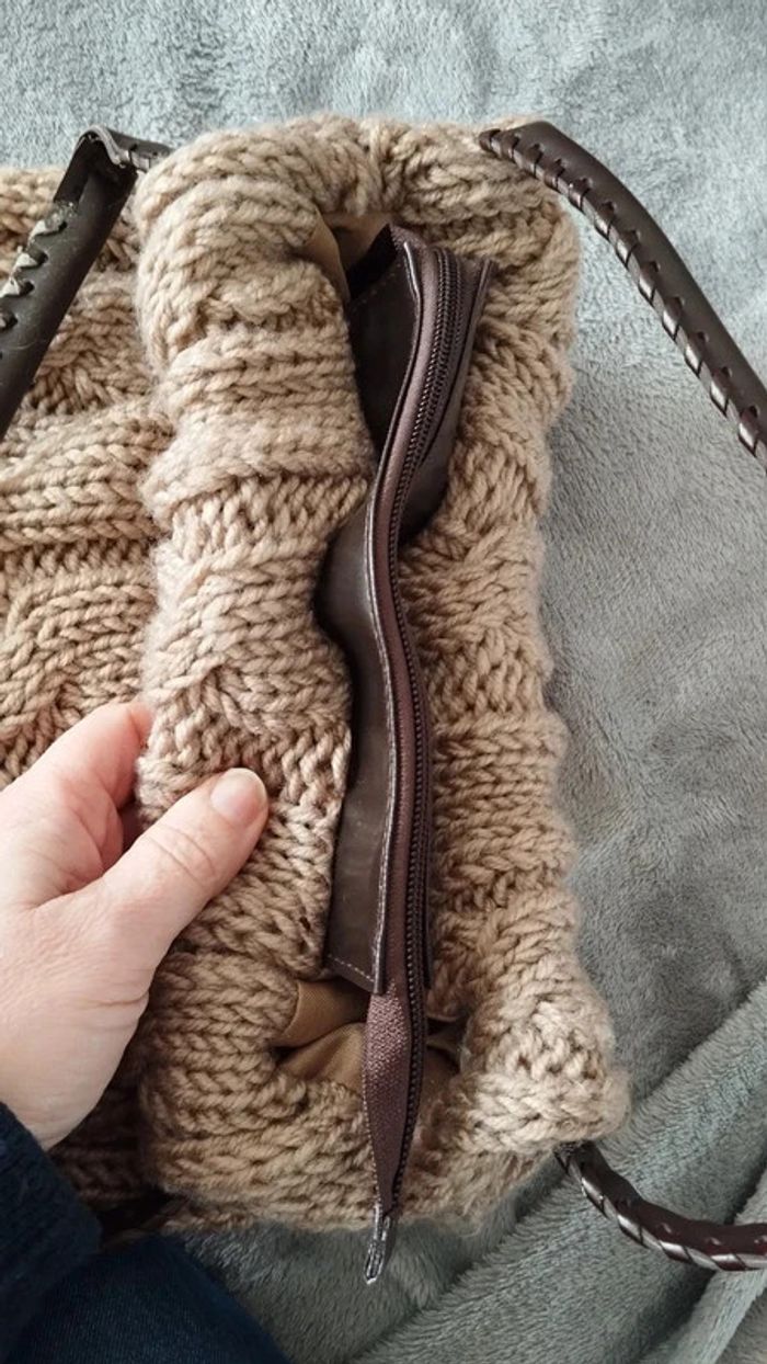 Sac a main style tricoté beige marron 29x29 cm - photo numéro 6