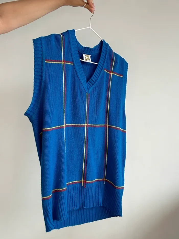 Pull sans manche bleu rouge et jaune vintage taille L 🌀