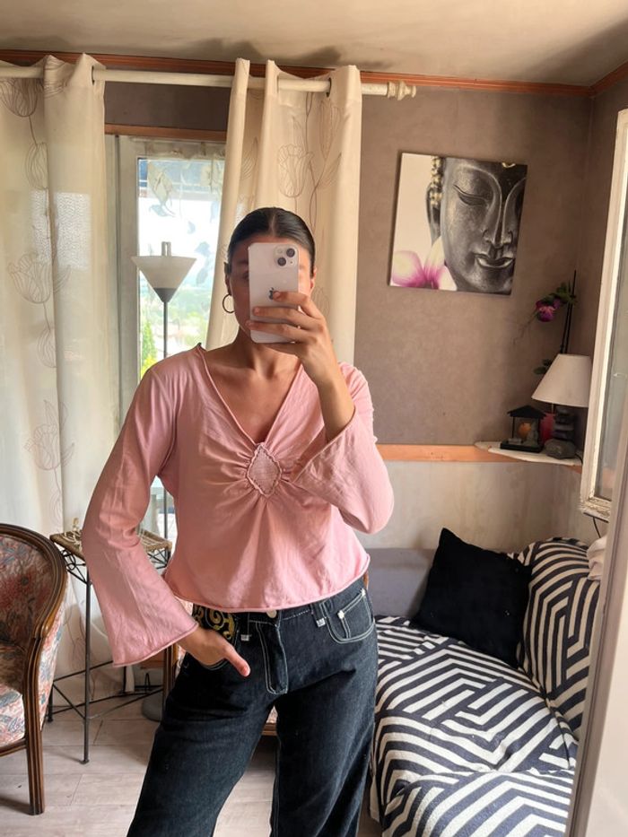 Top court hippie y2k 2000yer rose pâle vintage bohème champêtre