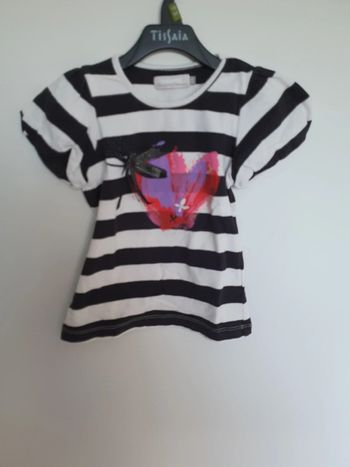 Tee-shirt rayures noires et blanches manches courtes bouffantes dessin coeur 4 ans catimini