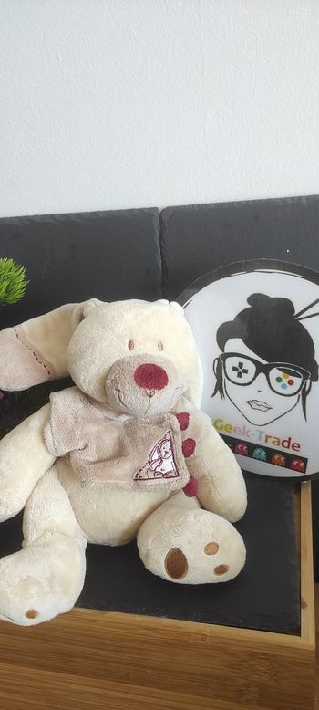 doudou peluche lapin bastien beige marron jaune rouge nicotoy ancien Gilet Blanc