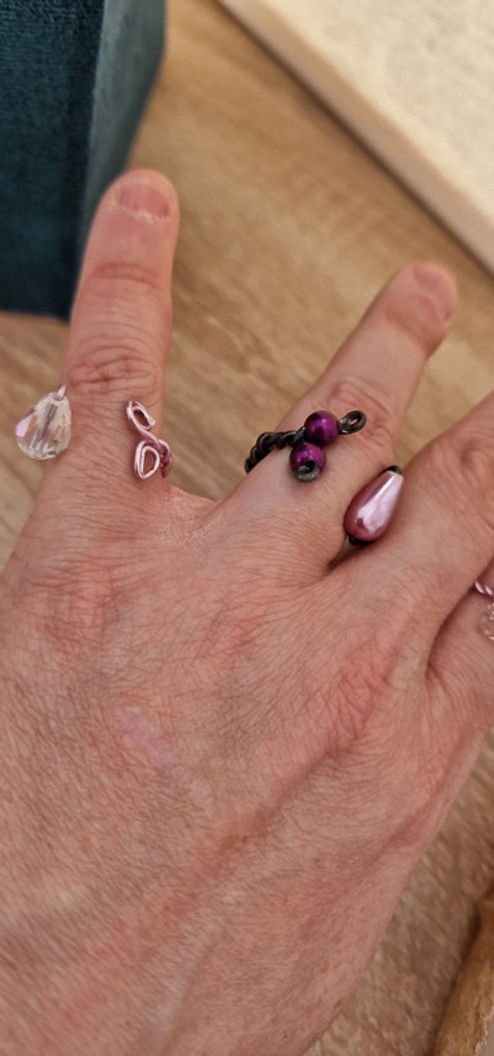Lot De 3 Bagues Réglables En Métal Rose Gris Perles Cristal - photo numéro 5