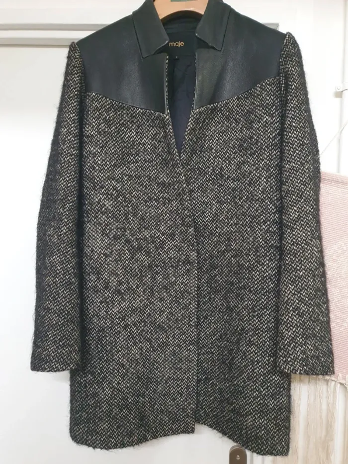 Manteau Caban Laine et Cuir Maje Taille 2 - photo numéro 5