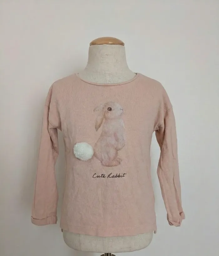T-shirt Vertbaudet Rose "Cute Rabbit" avec Pompon - 3 Ans - (Taché)