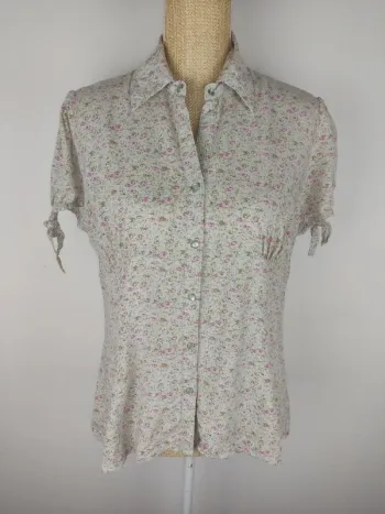 Chemise manches courtes nouée boutons pressions crème motifs fleuris pastels taille 44 Tissaia