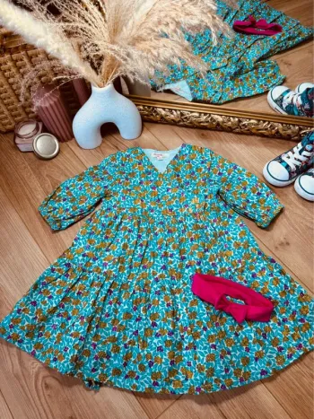 Taille 3 ans robe et bandeau fille Dpam menthe et fuchsia *  feuilles * 🩷