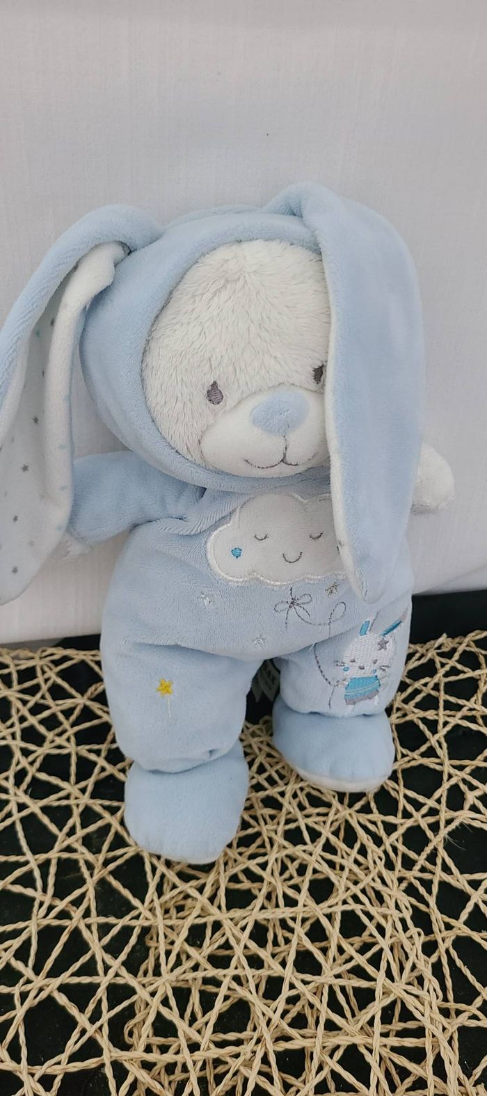 Peluche ours MAX & SAX capuche lapin bleu nuage et étoiles