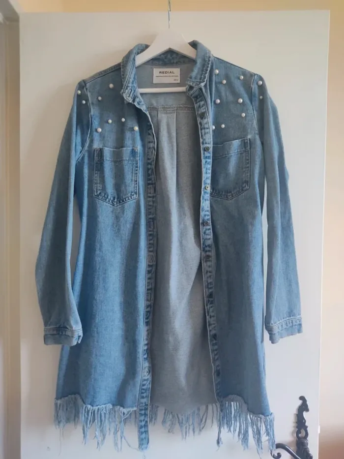 Longue veste jean femme perles style destroy vintage Redial M très bon état - photo numéro 2
