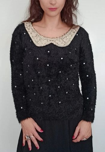 Pull poilu col sequins dorés taille unique