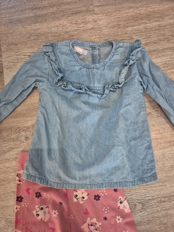 Chemise en jean et legging rose à chats - photo numéro 2