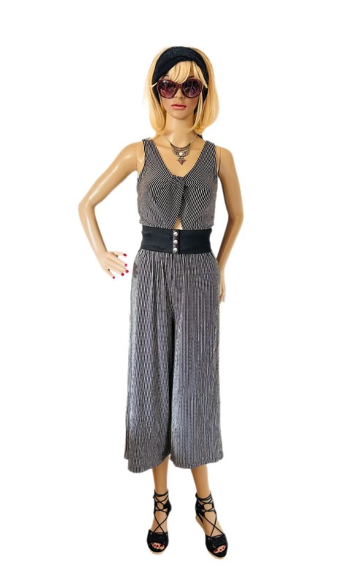 🖤🌿Combinaison rayée estivale boho city chic summer black striped Wide leg jumpsuit🌿🖤 - photo numéro 4