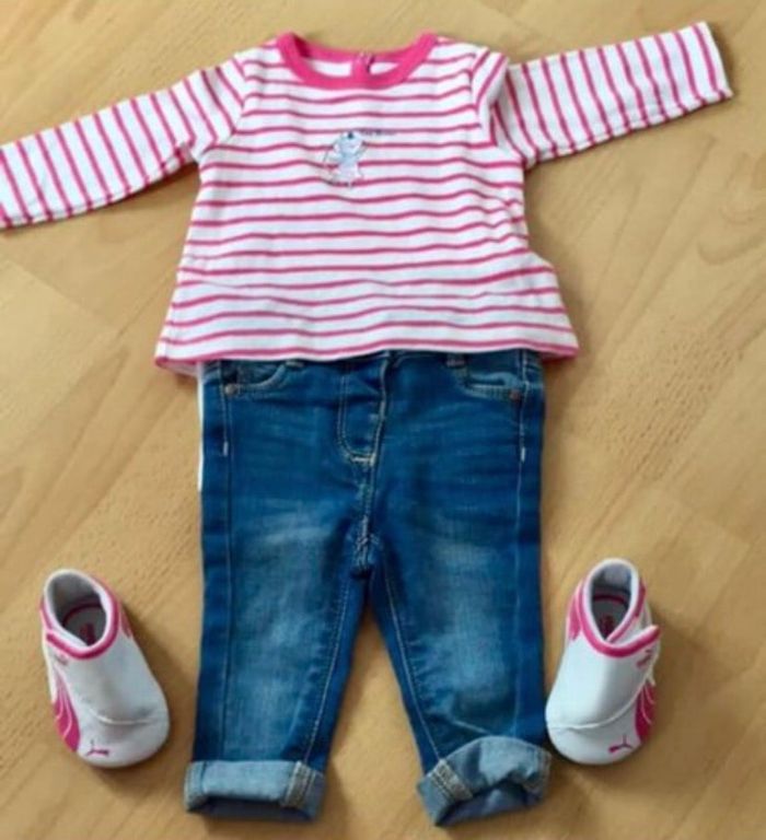 Ensemble body petit bateau jeans tao 3 mois et basket puma - photo numéro 2