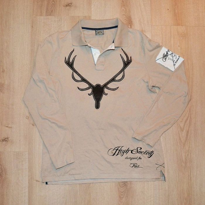 High Society Designed for Ritz Rosi Polo Col V Beige Homme Exclusive Vintage Deer Y2K (Taille M) - photo numéro 6