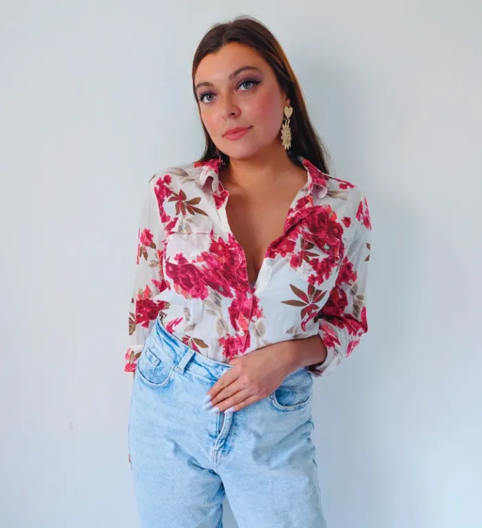 Chemise légère en coton blanche à fleurs roses Jacqueline Riu Taille 38 - photo numéro 4