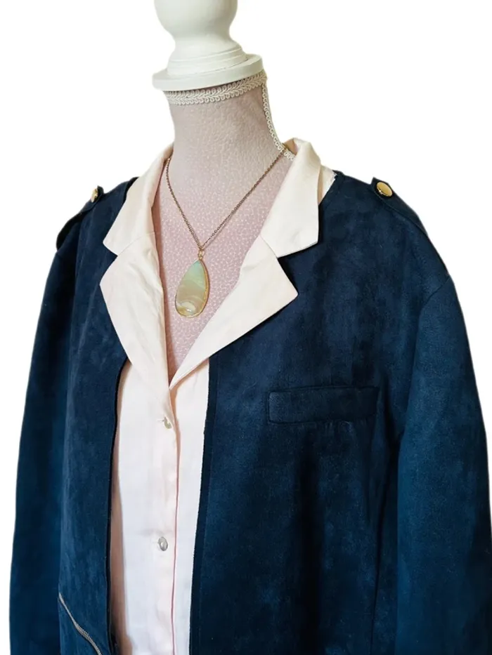 💙Veste vintage bohème 2-en-1 Carnaby mi-longue ou courte Taille 42/XL Versatile navy suede jacket💙 - photo numéro 10