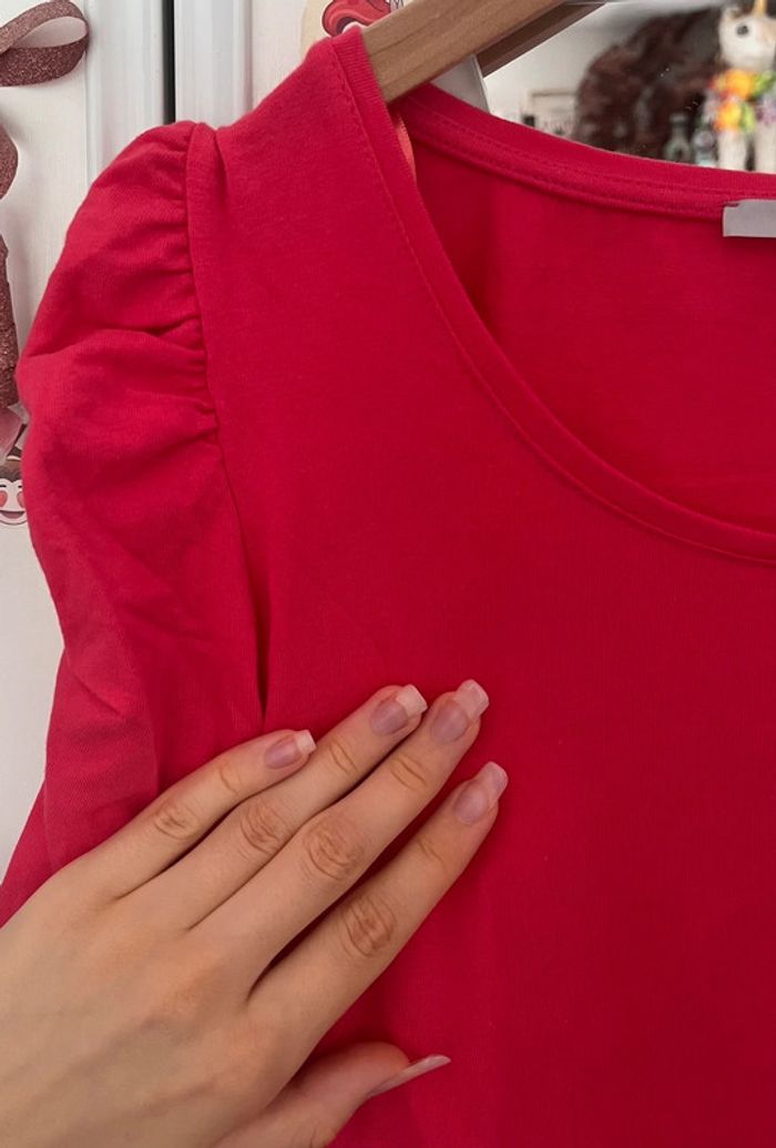 Pull col rond, manches bouffante qui arrive au-dessus du coude, fuchsia, Etam, M, 95% coton - photo numéro 3