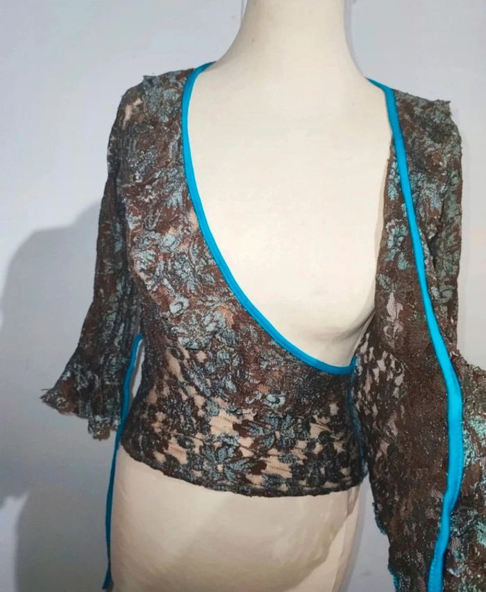 💎haut blouse cache coeur femme dentelle marron et bleu turquoise t xs 34 S 36 - photo numéro 8