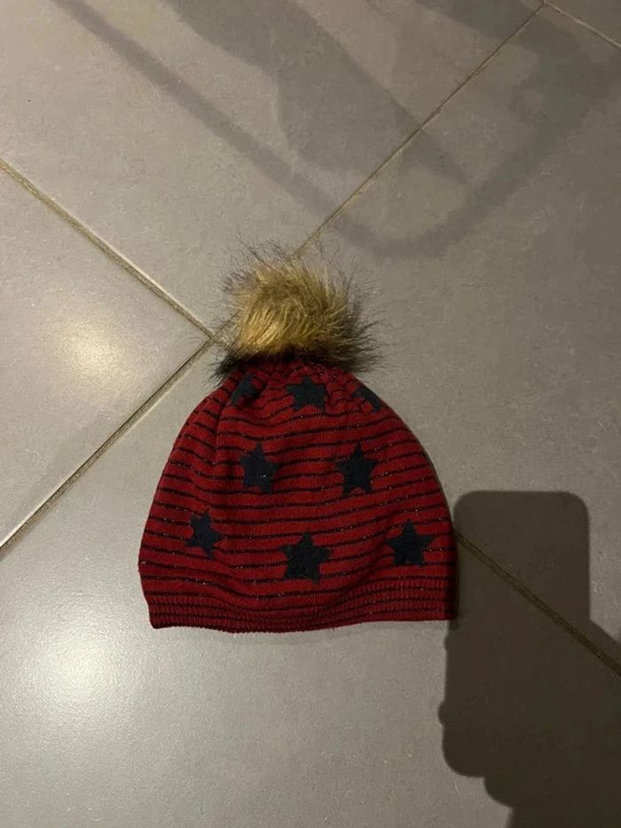Bonnet avec pompon (imitation fourrure) à petites rayures - Ikks - Étoiles - Rouge - 3/4 ans - photo numéro 3
