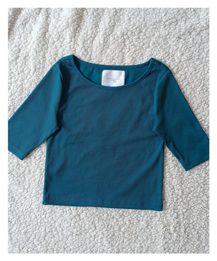 Top côtelé bleu canard Lily Allen x Vero Moda - manches 3/4 - XS -